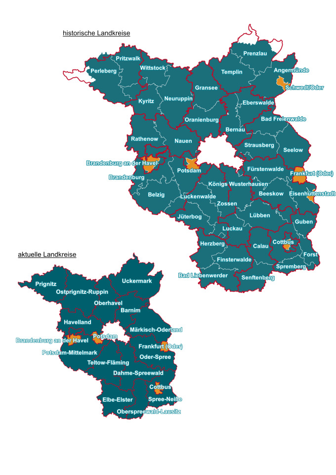 Darstellung der historischen Landkreise von 1990